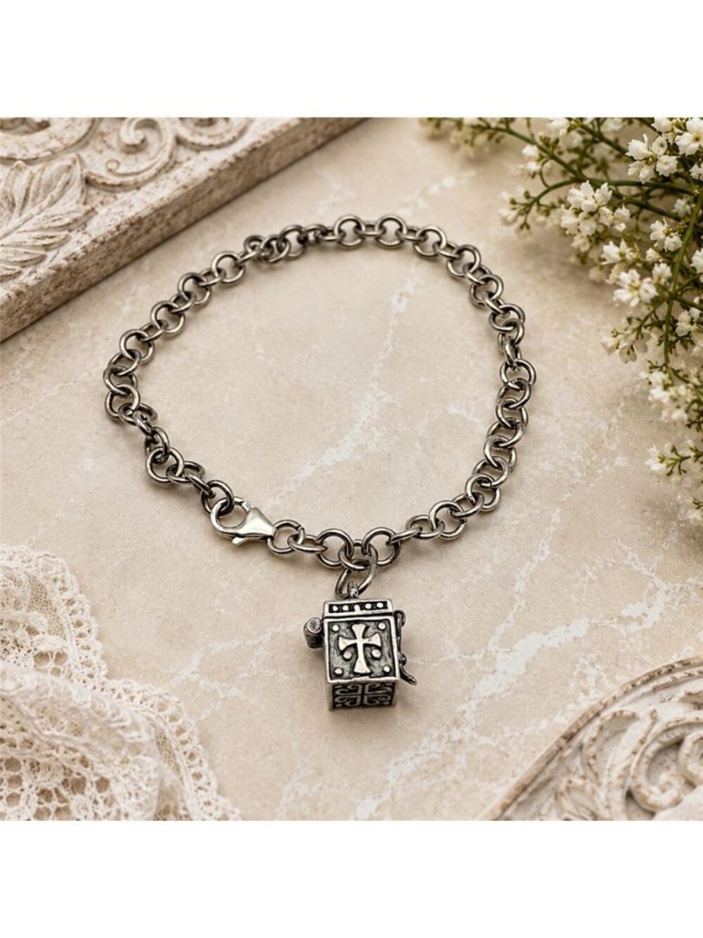 Sterling Silver Religious Prayer Box Charm Rolo Chain Bracelet 7 in